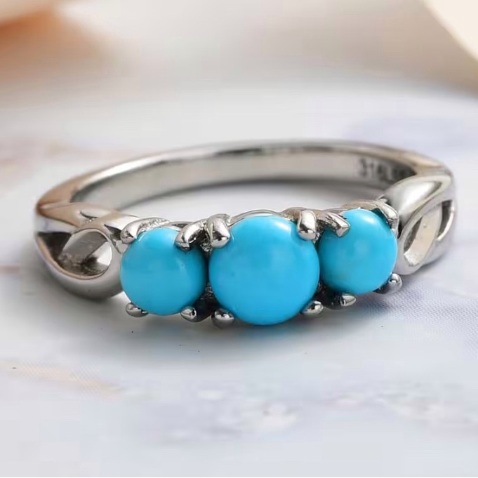 New/Sleeping Beauty Turquoise 3 Stone Ring In Stainless Steel |Tarnish-Free